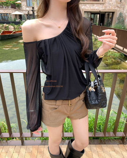 AS OFFICIAL Peach Trap Mesh One-Shoulder Ruched Top