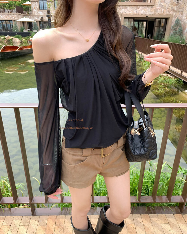 AS OFFICIAL Peach Trap Mesh One-Shoulder Ruched Top