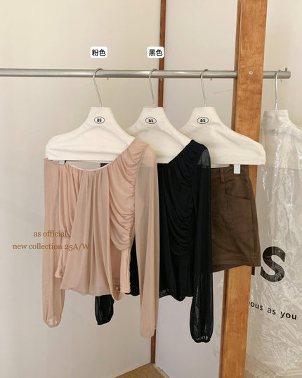 AS OFFICIAL Peach Trap Mesh One-Shoulder Ruched Top