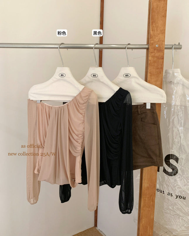 AS OFFICIAL Peach Trap Mesh One-Shoulder Ruched Top