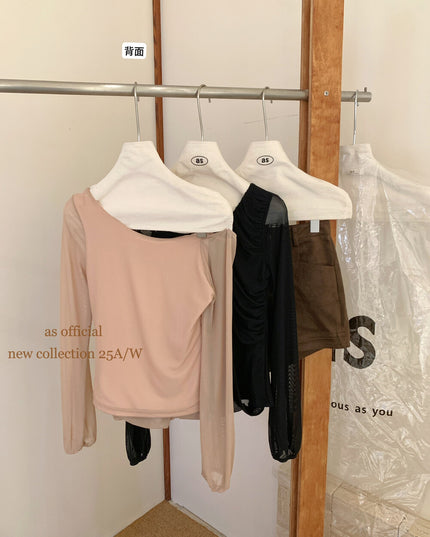 AS OFFICIAL Peach Trap Mesh One-Shoulder Ruched Top