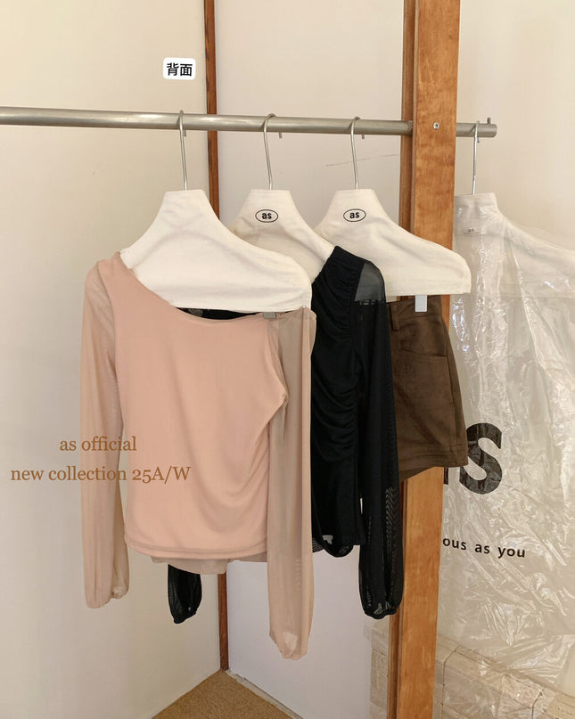 AS OFFICIAL Peach Trap Mesh One-Shoulder Ruched Top