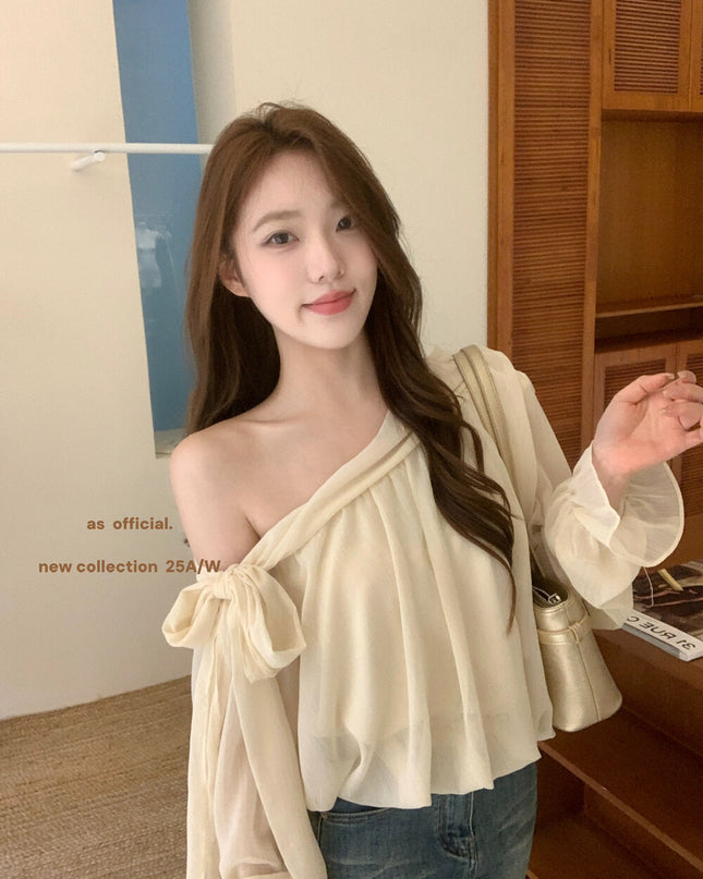 AS OFFICIAL Vintage Grace One-Shoulder Tie Blouse