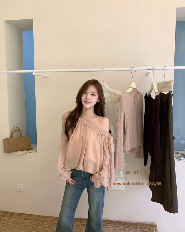 AS OFFICIAL Vintage Grace One-Shoulder Tie Blouse