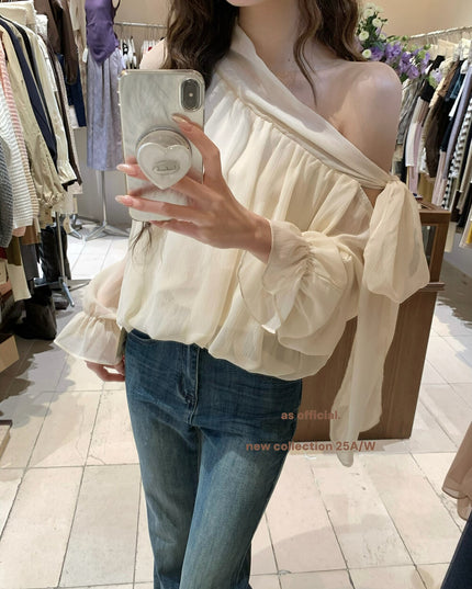 AS OFFICIAL Vintage Grace One-Shoulder Tie Blouse