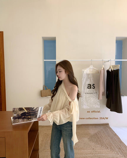 AS OFFICIAL Vintage Grace One-Shoulder Tie Blouse