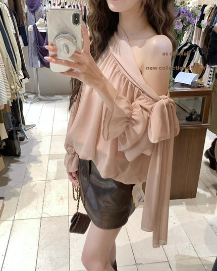 AS OFFICIAL Vintage Grace One-Shoulder Tie Blouse