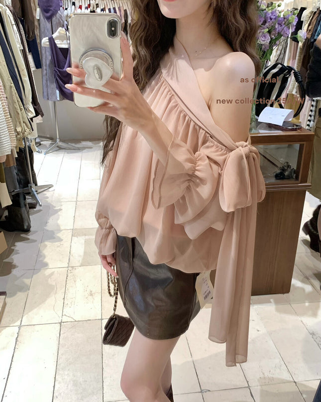 AS OFFICIAL Vintage Grace One-Shoulder Tie Blouse