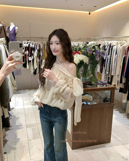 AS OFFICIAL Vintage Grace One-Shoulder Tie Blouse