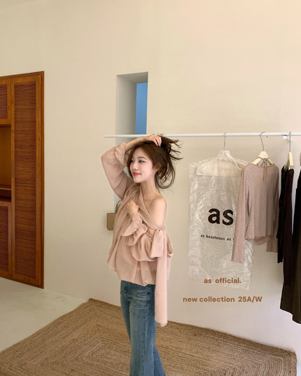 AS OFFICIAL Vintage Grace One-Shoulder Tie Blouse