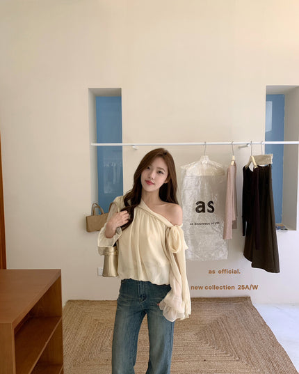 AS OFFICIAL Vintage Grace One-Shoulder Tie Blouse