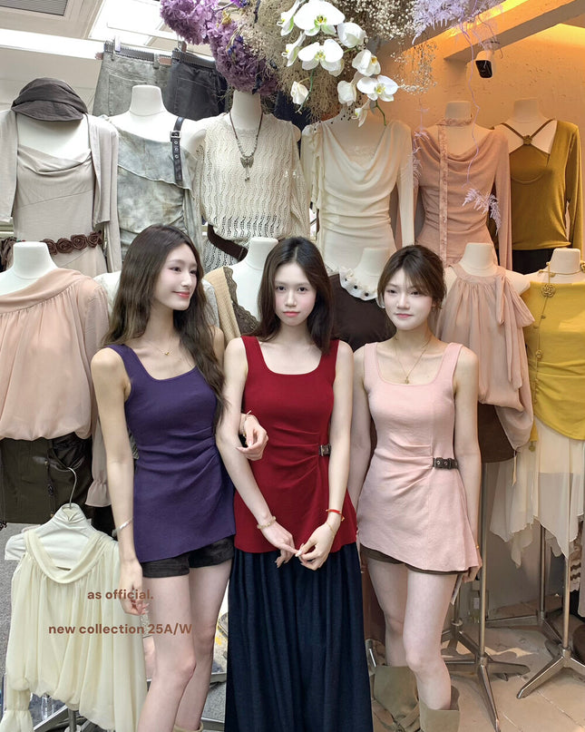 AS OFFICIAL Chic Buff Wool-Blend Belted Ruched Knit Tank