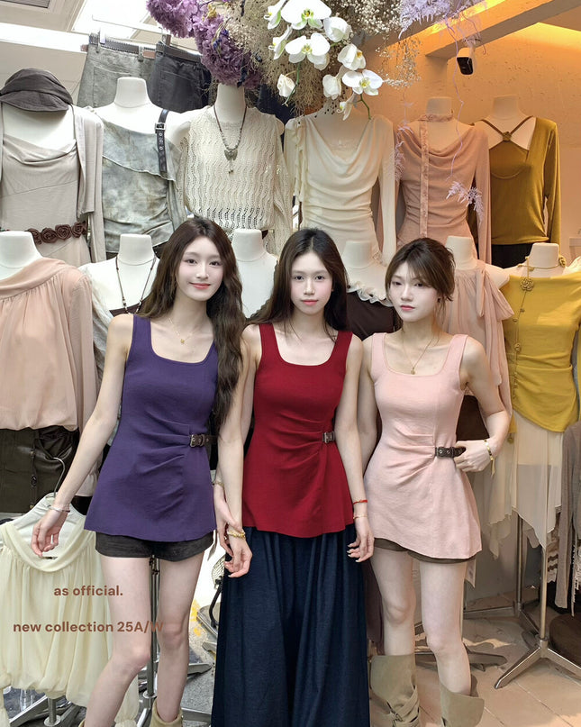 AS OFFICIAL Chic Buff Wool-Blend Belted Ruched Knit Tank