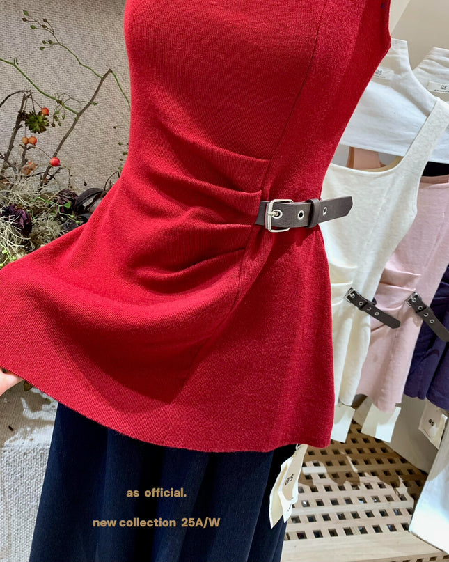AS OFFICIAL Chic Buff Wool-Blend Belted Ruched Knit Tank