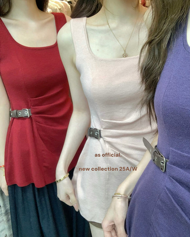 AS OFFICIAL Chic Buff Wool-Blend Belted Ruched Knit Tank
