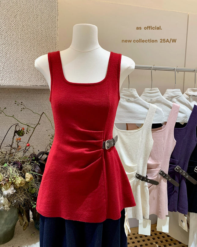AS OFFICIAL Chic Buff Wool-Blend Belted Ruched Knit Tank