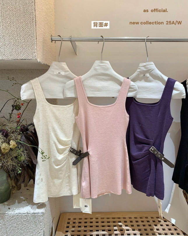 AS OFFICIAL Chic Buff Wool-Blend Belted Ruched Knit Tank