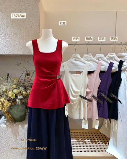 AS OFFICIAL Chic Buff Wool-Blend Belted Ruched Knit Tank