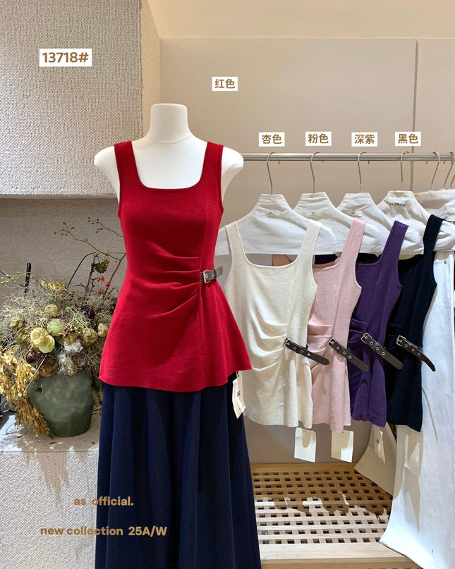 AS OFFICIAL Chic Buff Wool-Blend Belted Ruched Knit Tank