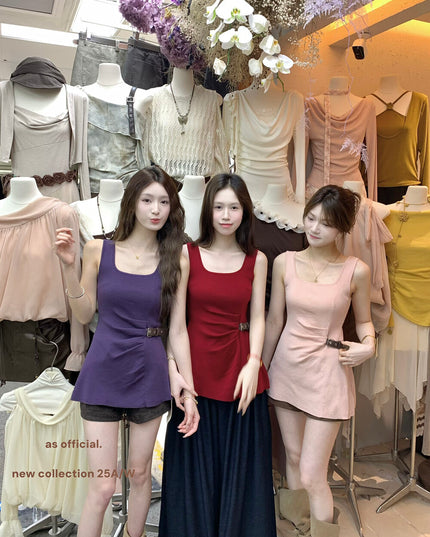 AS OFFICIAL Chic Buff Wool-Blend Belted Ruched Knit Tank