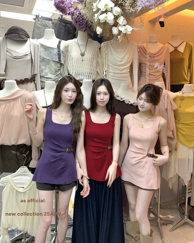 AS OFFICIAL Chic Buff Wool-Blend Belted Ruched Knit Tank