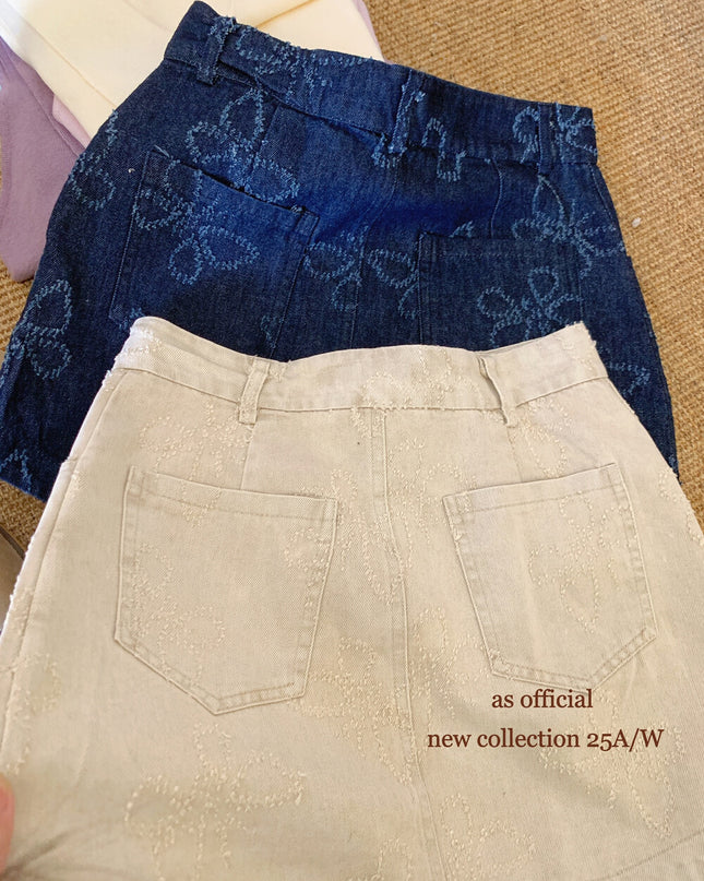 AS OFFICIAL Wenger Academy Jacquard Butterfly A-Line Washed Denim Skirt