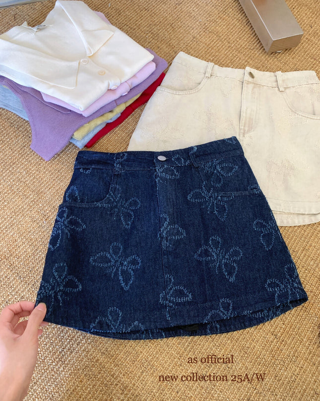 AS OFFICIAL Wenger Academy Jacquard Butterfly A-Line Washed Denim Skirt