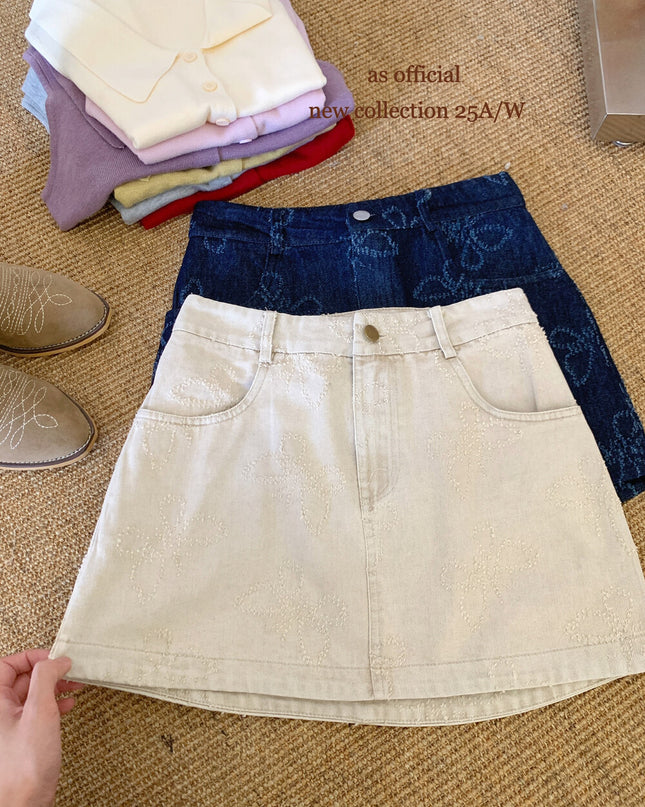 AS OFFICIAL Wenger Academy Jacquard Butterfly A-Line Washed Denim Skirt
