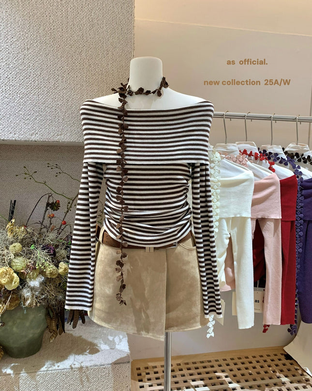 AS OFFICIAL Floral Ribbon Knit Long Sleeve Off Shoulder Top