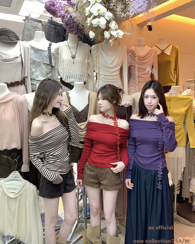 AS OFFICIAL Floral Ribbon Knit Long Sleeve Off Shoulder Top