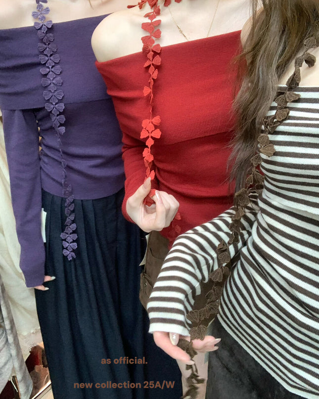 AS OFFICIAL Floral Ribbon Knit Long Sleeve Off Shoulder Top