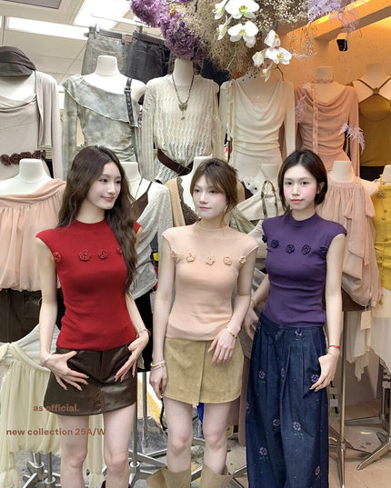 AS OFFICIAL Soft Half Turtleneck Knit Top with 3D Floral Detail