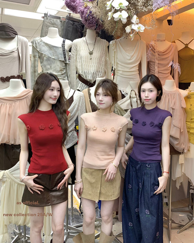 AS OFFICIAL Soft Half Turtleneck Knit Top with 3D Floral Detail