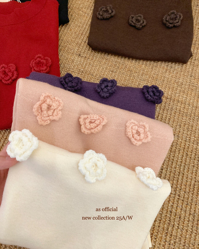 AS OFFICIAL Soft Half Turtleneck Knit Top with 3D Floral Detail