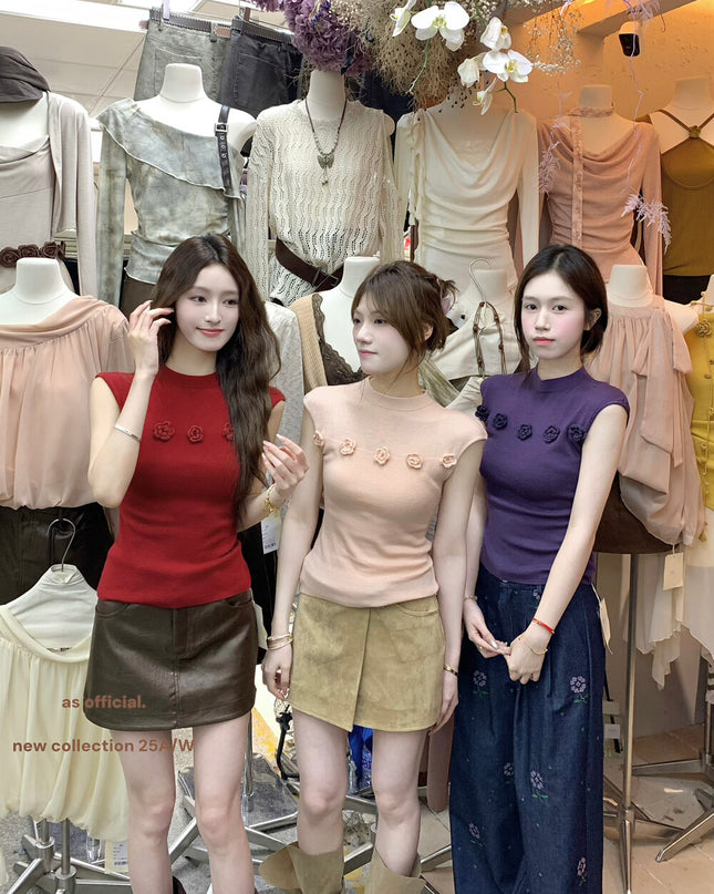 AS OFFICIAL Soft Half Turtleneck Knit Top with 3D Floral Detail