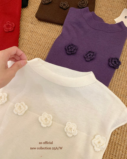 AS OFFICIAL Soft Half Turtleneck Knit Top with 3D Floral Detail