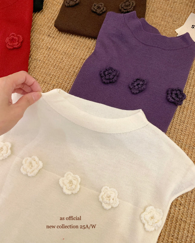 AS OFFICIAL Soft Half Turtleneck Knit Top with 3D Floral Detail