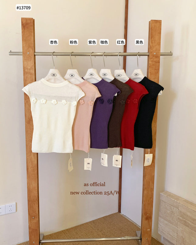 AS OFFICIAL Soft Half Turtleneck Knit Top with 3D Floral Detail