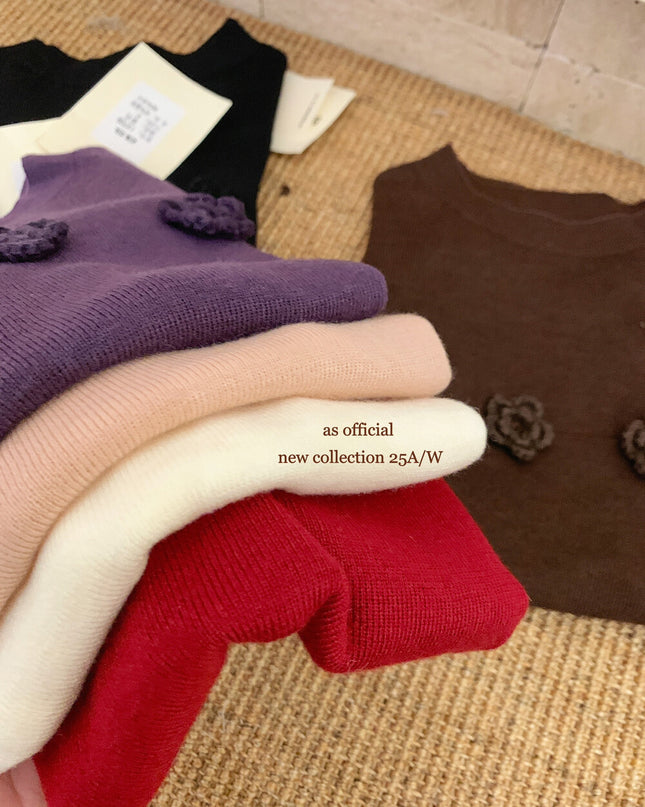 AS OFFICIAL Soft Half Turtleneck Knit Top with 3D Floral Detail