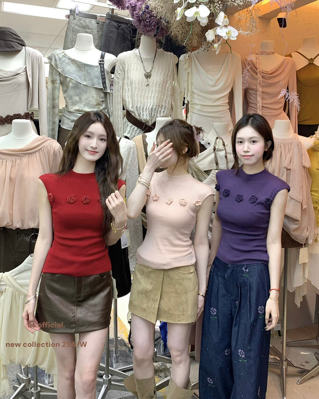 AS OFFICIAL Soft Half Turtleneck Knit Top with 3D Floral Detail