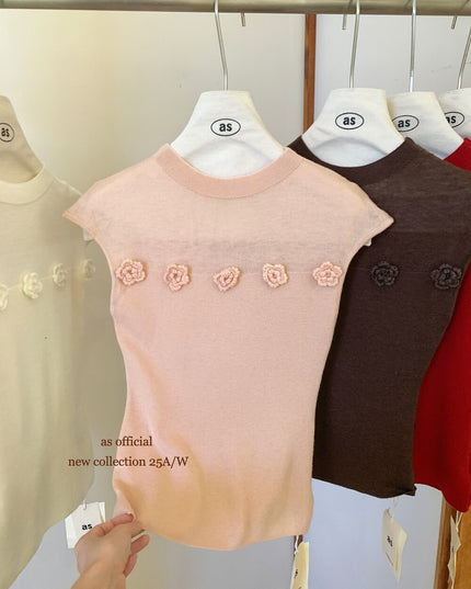 AS OFFICIAL Soft Half Turtleneck Knit Top with 3D Floral Detail