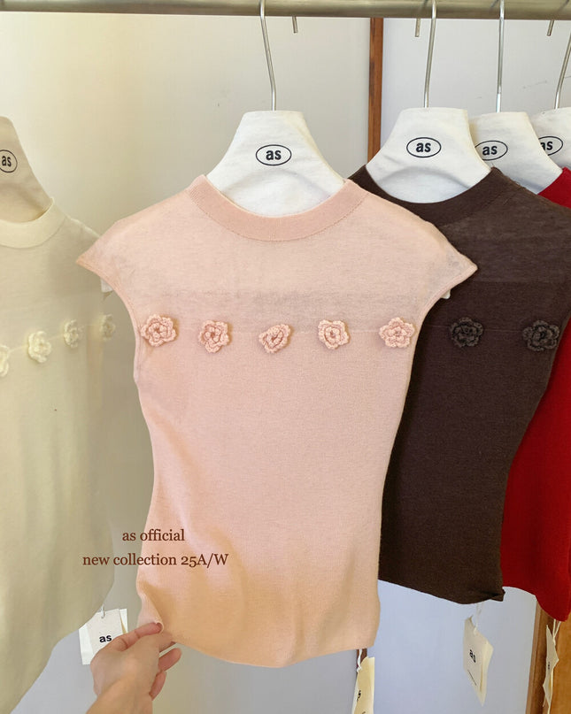 AS OFFICIAL Soft Half Turtleneck Knit Top with 3D Floral Detail
