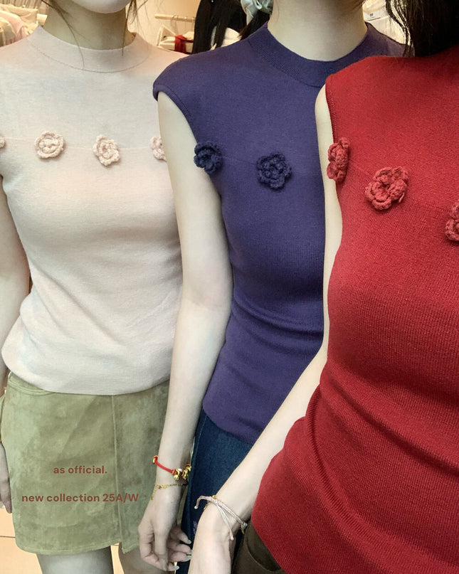 AS OFFICIAL Soft Half Turtleneck Knit Top with 3D Floral Detail