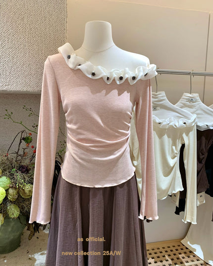 AS OFFICIAL Cloud-Feel 3D Floral Asymmetrical Shoulder Top