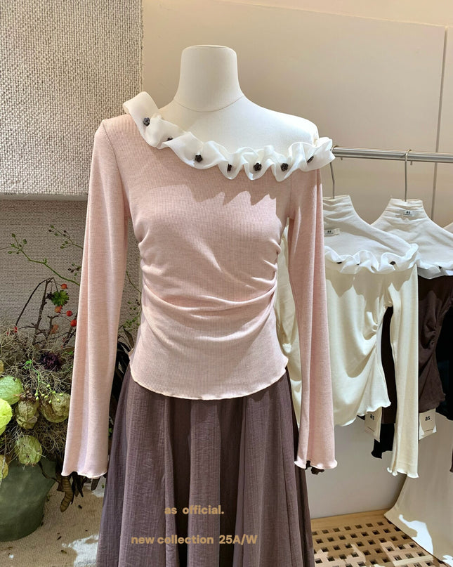 AS OFFICIAL Cloud-Feel 3D Floral Asymmetrical Shoulder Top