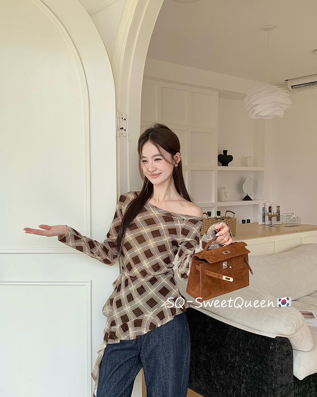 Retro Plaid One-Shoulder Slim Fit Asym Top