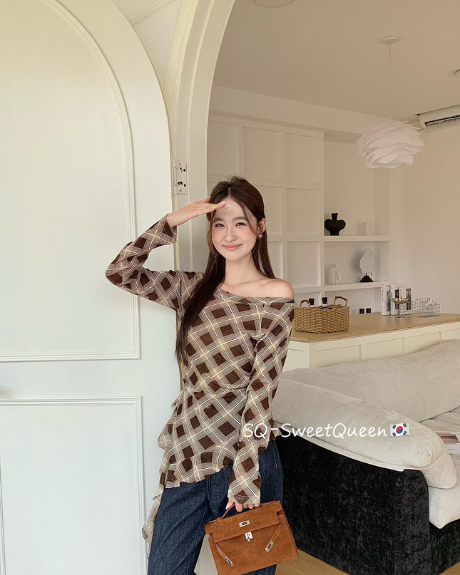 Retro Plaid One-Shoulder Slim Fit Asym Top