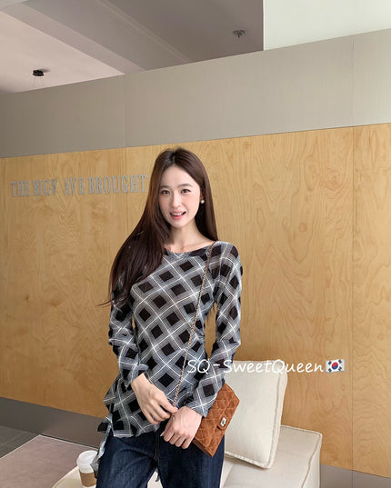 Retro Plaid One-Shoulder Slim Fit Asym Top