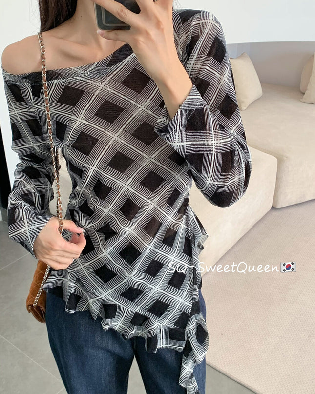 Retro Plaid One-Shoulder Slim Fit Asym Top