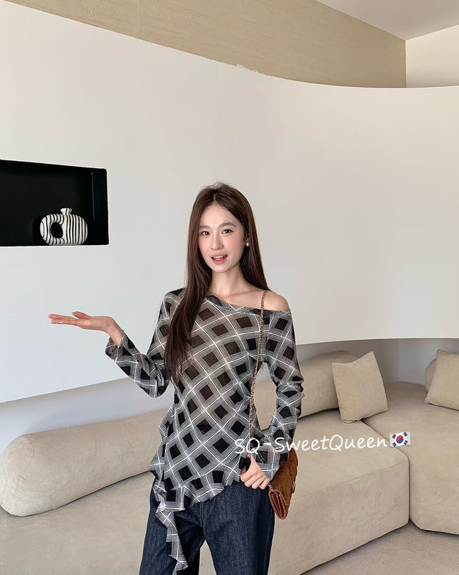 Retro Plaid One-Shoulder Slim Fit Asym Top